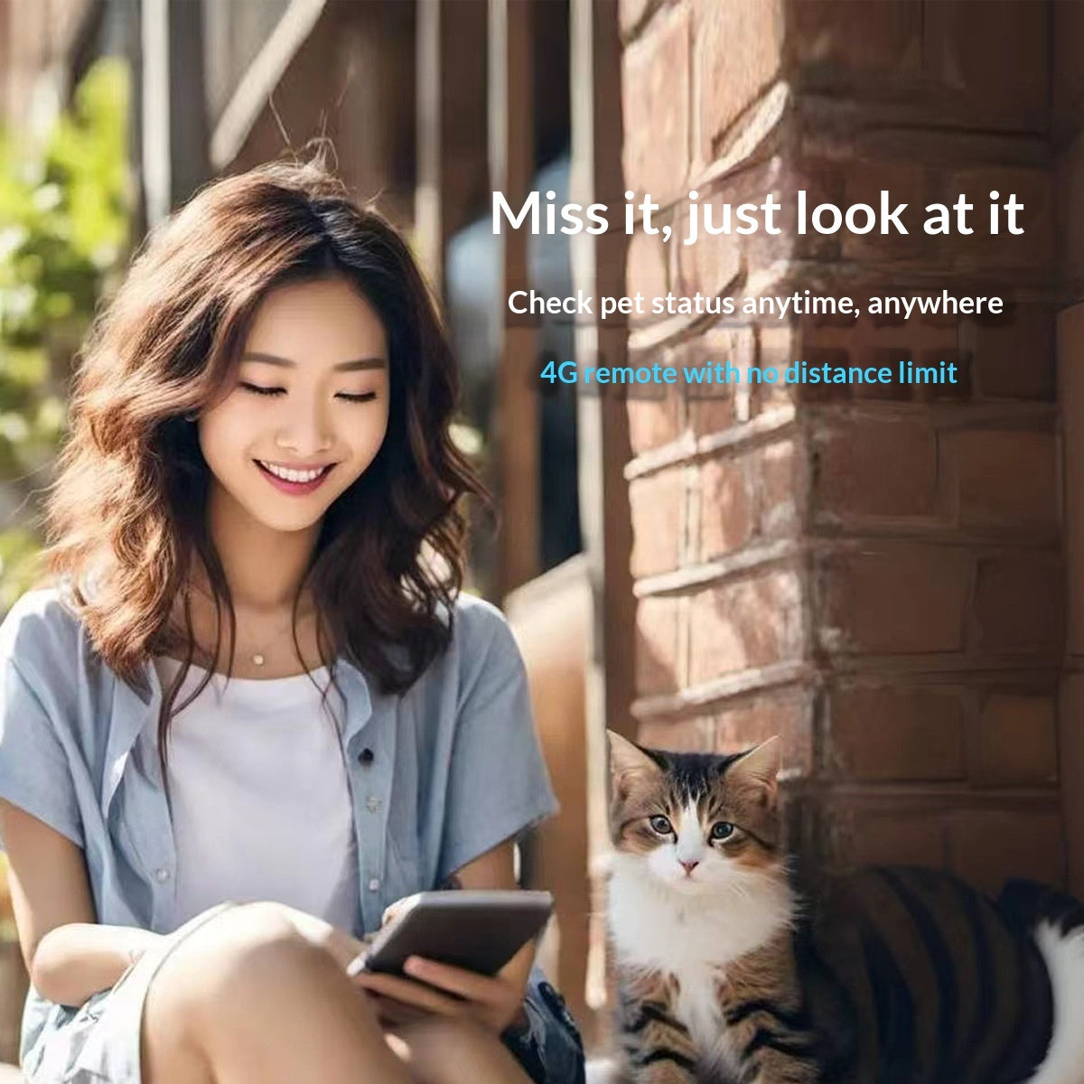 Pet recorder collar with 4G remote shown on phone app near cat