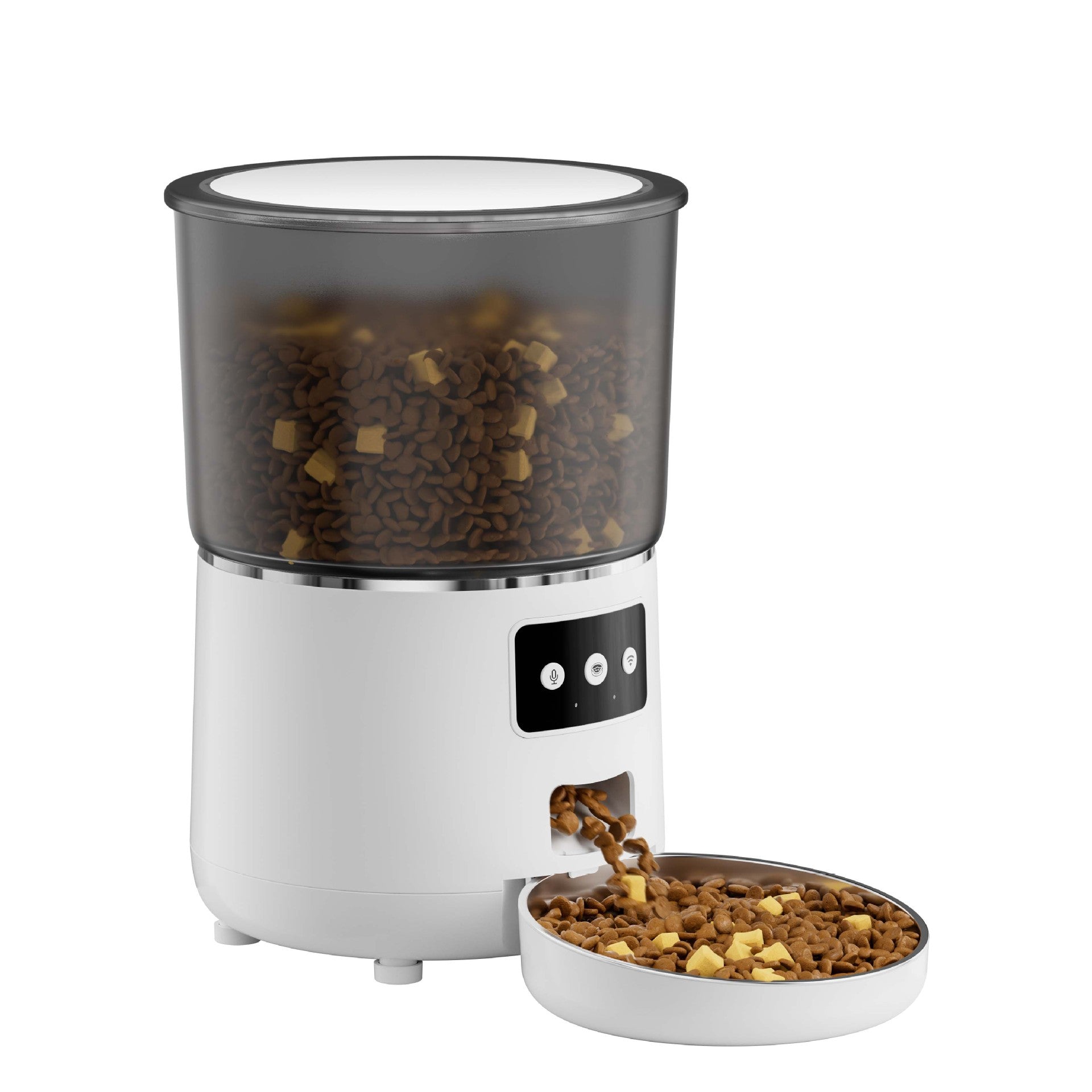 Automatic pet feeder 4L, white unit with side control window and feeding dish