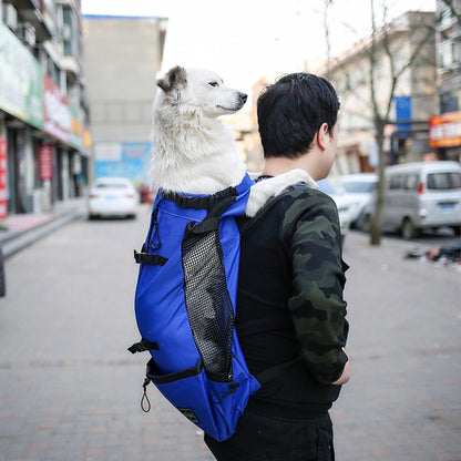 Blue dog backpack carrier with mesh side pocket and adjustable shoulder straps