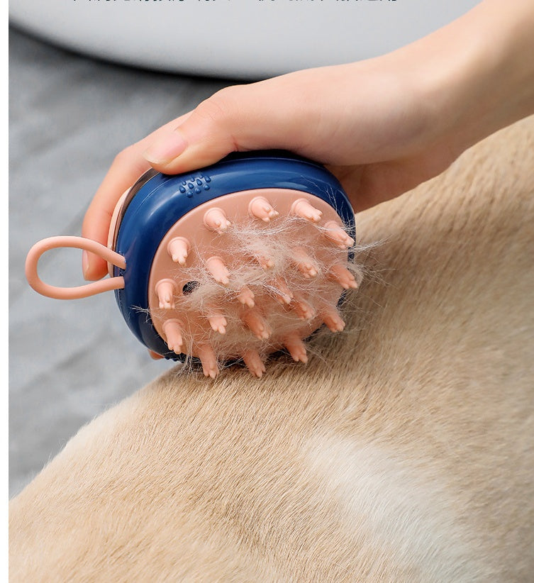 Blue grooming bath massage brush with soap dispenser, suds on fur