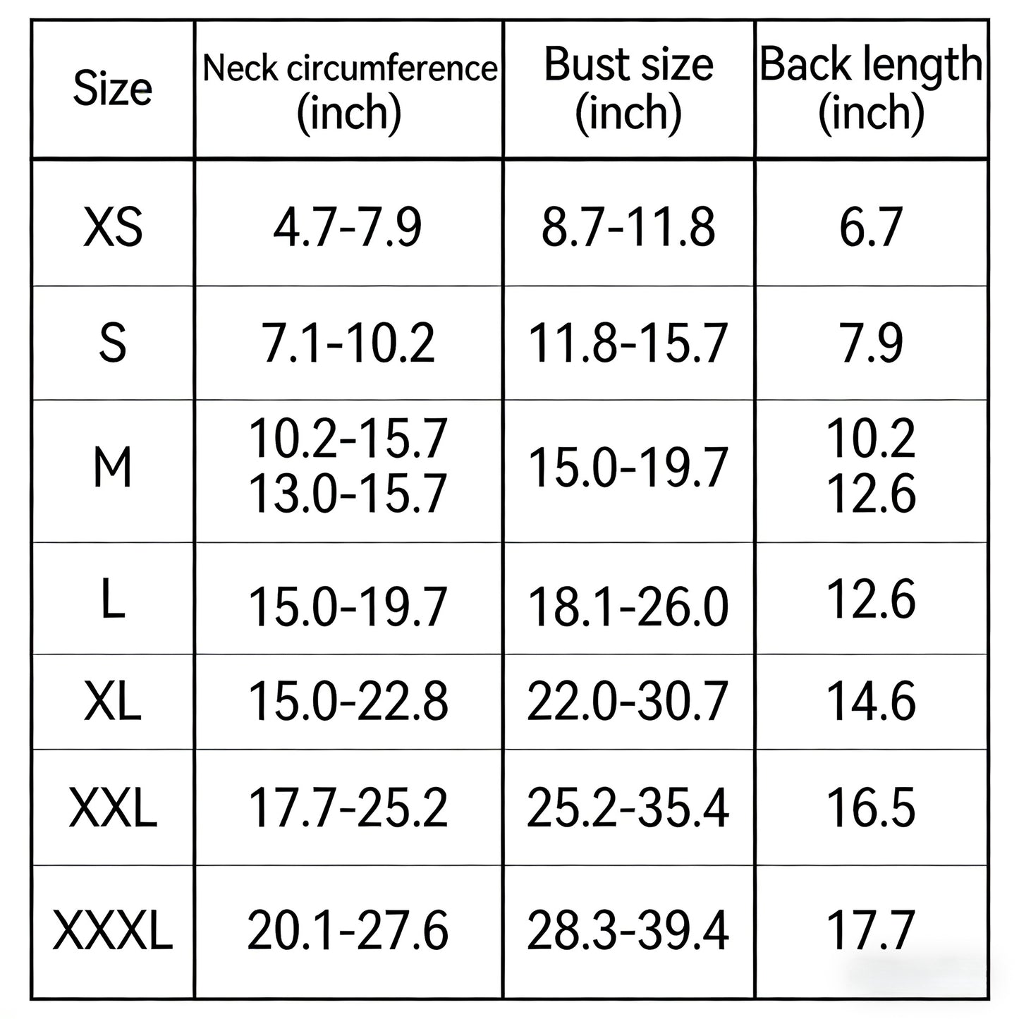 Size chart for dog anxiety thunder vest: XS to XXXL, neck, bust, back length