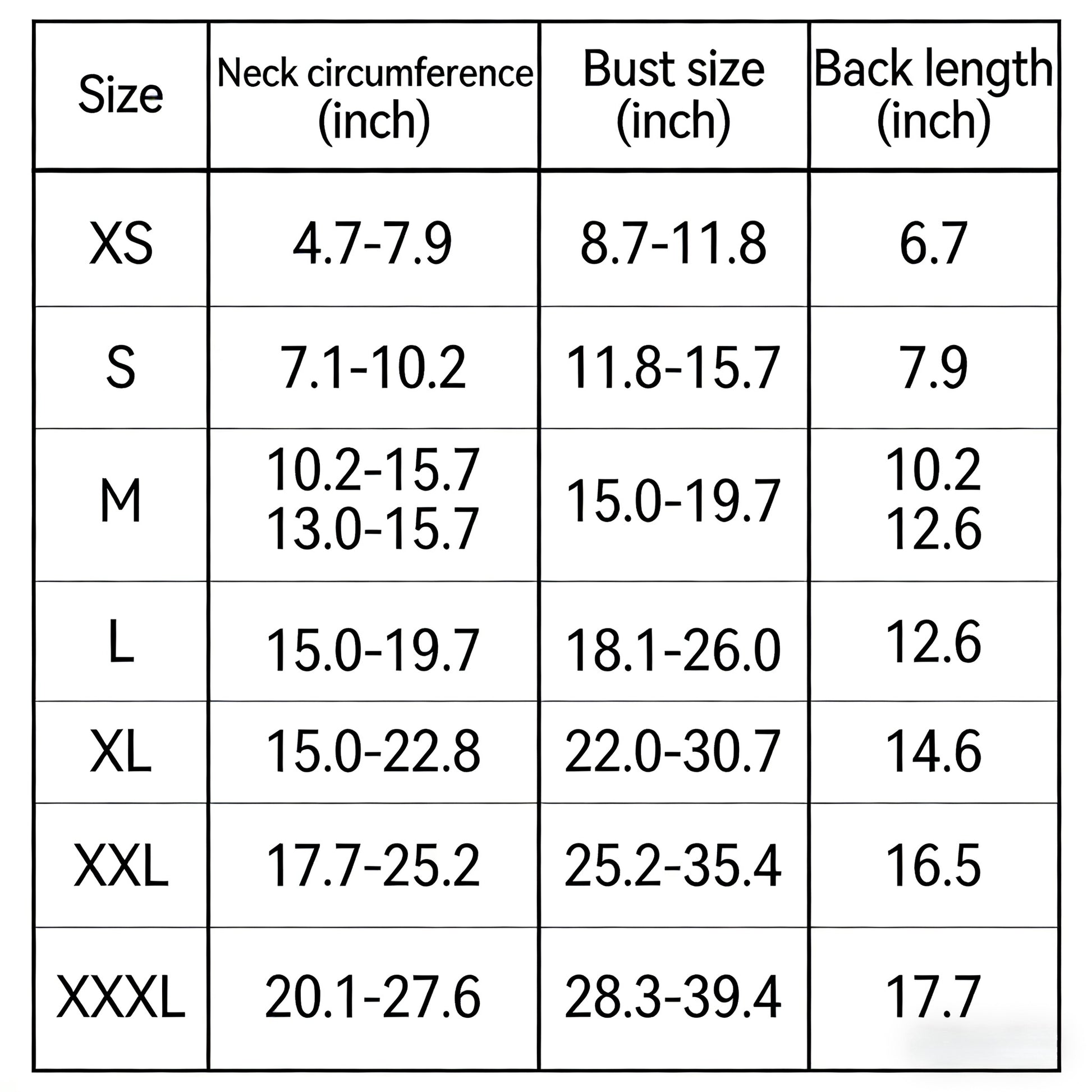 Size chart for dog anxiety thunder vest: XS to XXXL, neck, bust, back length