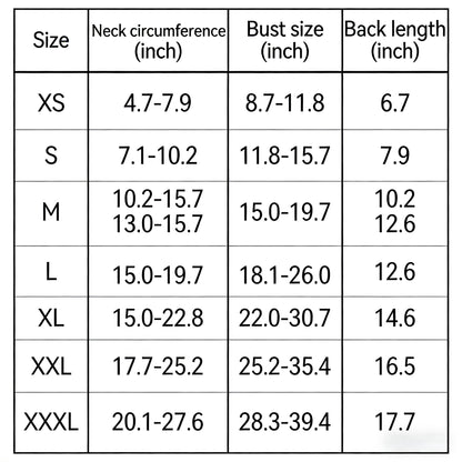Size chart for dog anxiety thunder vest: XS to XXXL, neck, bust, back length