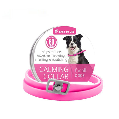 Calming collar with buckle, pink strap—helps reduce excessive meowing/marking