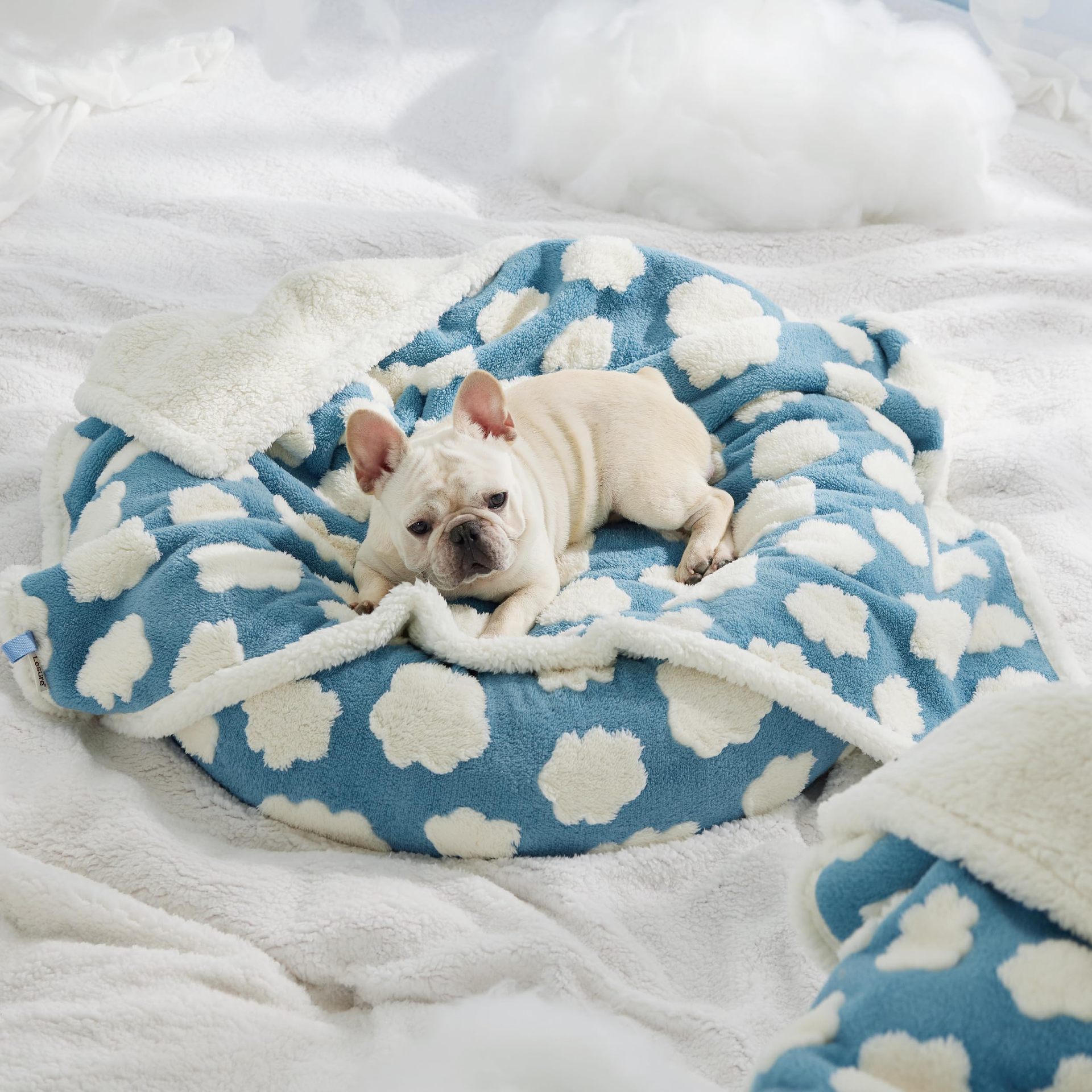 Pet waterproof blanket on soft bedding, blue paw-print pattern with white fluffy trim