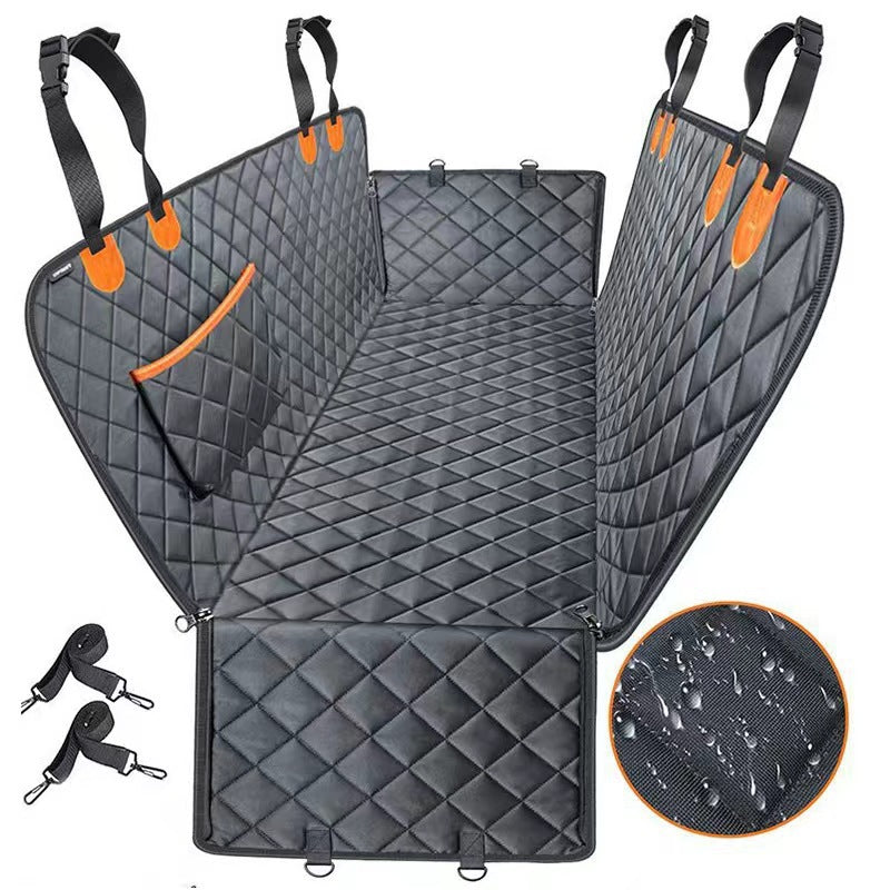 Water-resistant pet mat for car rear seat, quilted dark with orange trim and grip texture