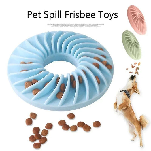Blue TPR slow-feeding pet toy frisbee with food pockets and kibble pieces