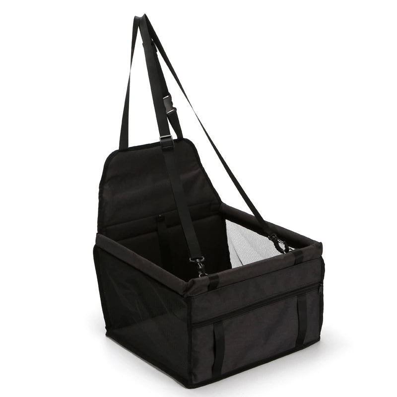 Black foldable pet safety seat car bag with mesh side panel and secure strap buckles