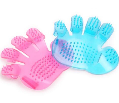 Pet finger bath brush: blue and pink hand glove with rubber grooming nubs