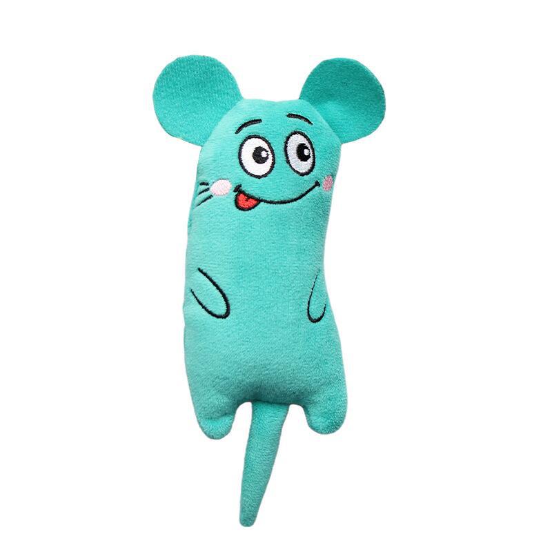 Teal green cat plush with smiling embroidered face, rosy cheeks, and ears.