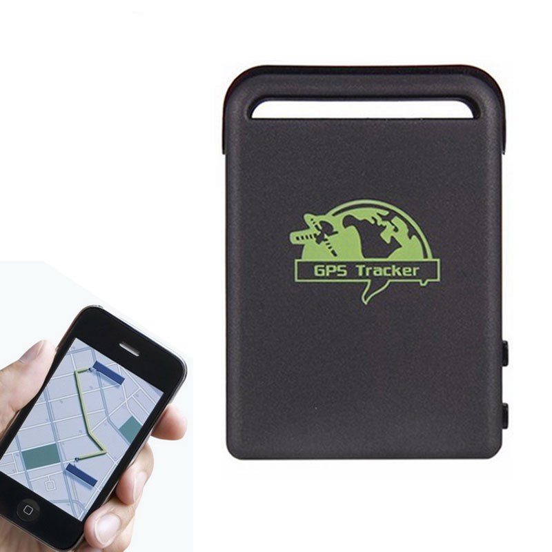 Black TK102B GPS Tracker with top handle and lime GPS Tracker emblem, front view