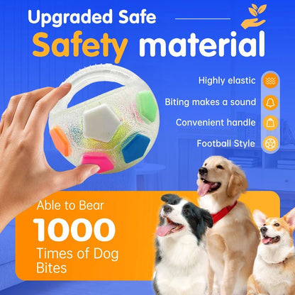 White football-shaped dog toy with multicolor hex panels and finger-grip handle