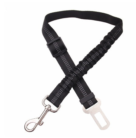 Adjustable reflective dog car seat belt, black with dual clips and safety buckle