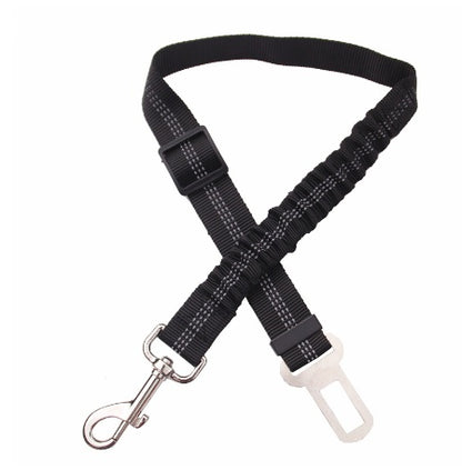 Adjustable reflective dog car seat belt, black with dual clips and safety buckle