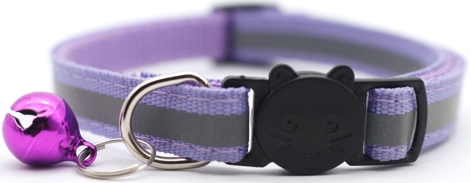 Purple reflective pet collar with detachable safety buckle and bell