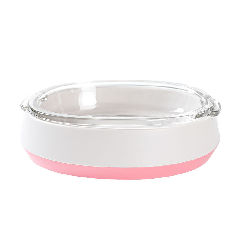 Pet feeding waterer with clear bowl on white base and pink accent ring