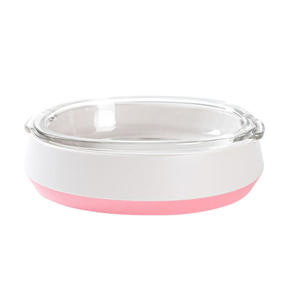 Pet feeding waterer with clear bowl on white base and pink accent ring