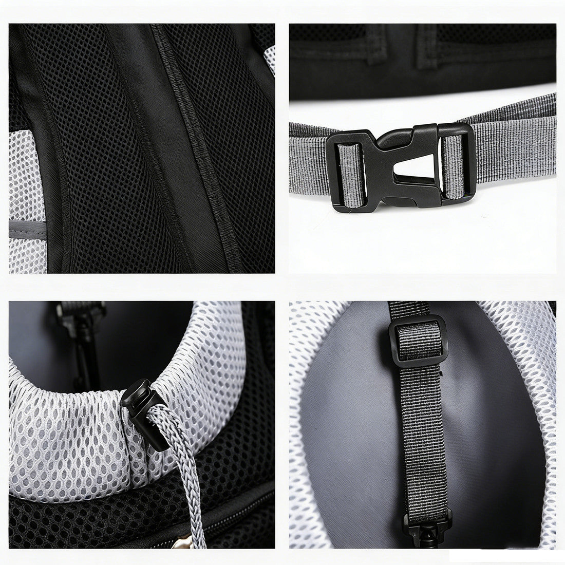 Mesh pet backpack close-up: adjustable plastic buckle, side zipper, and reinforced strap stitching