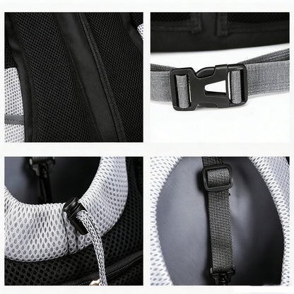 Mesh pet backpack close-up: adjustable plastic buckle, side zipper, and reinforced strap stitching