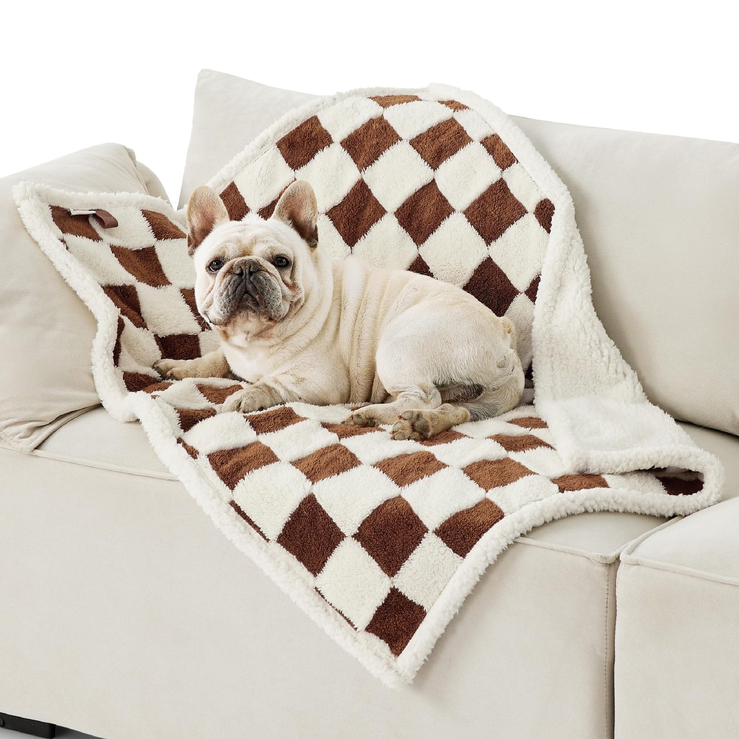 Pet waterproof blanket with brown-and-white check pattern, plush white border
