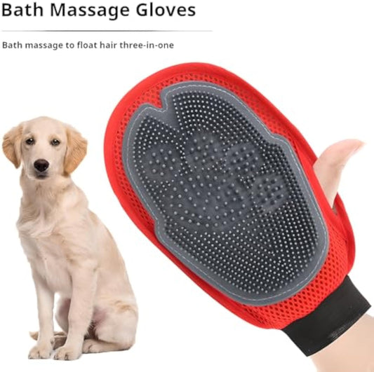 Red pet bath grooming glove with massage nubs for removing pet hair