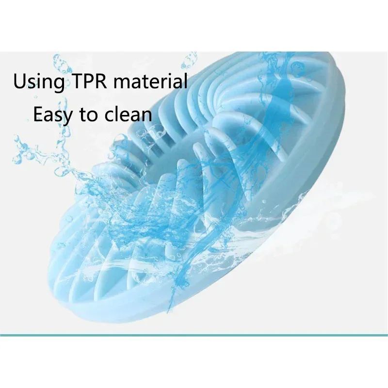 Blue TPR feeding frisbee with water spray, ridged treat grooves
