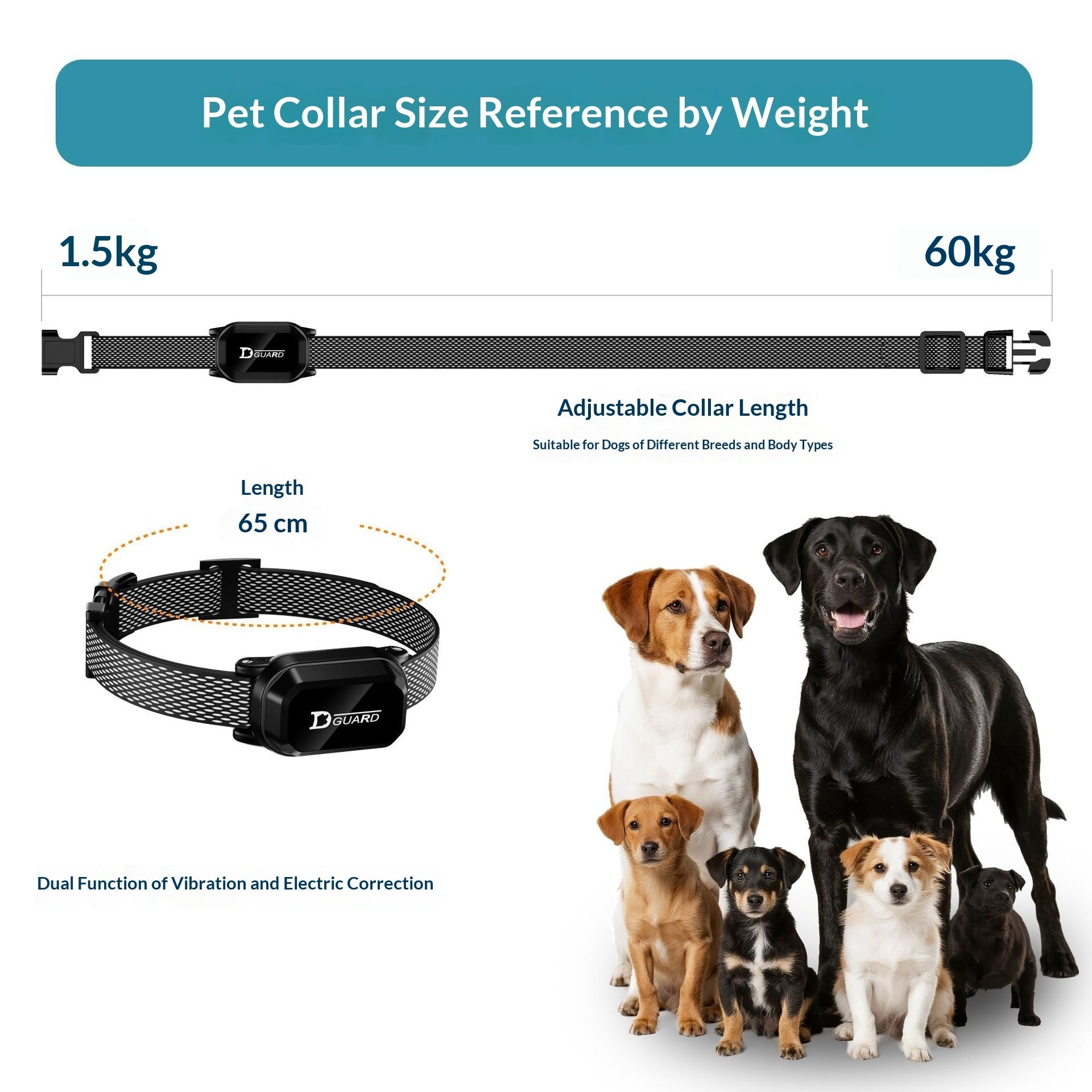 Adjustable black mesh training collar with length reference by weight chart