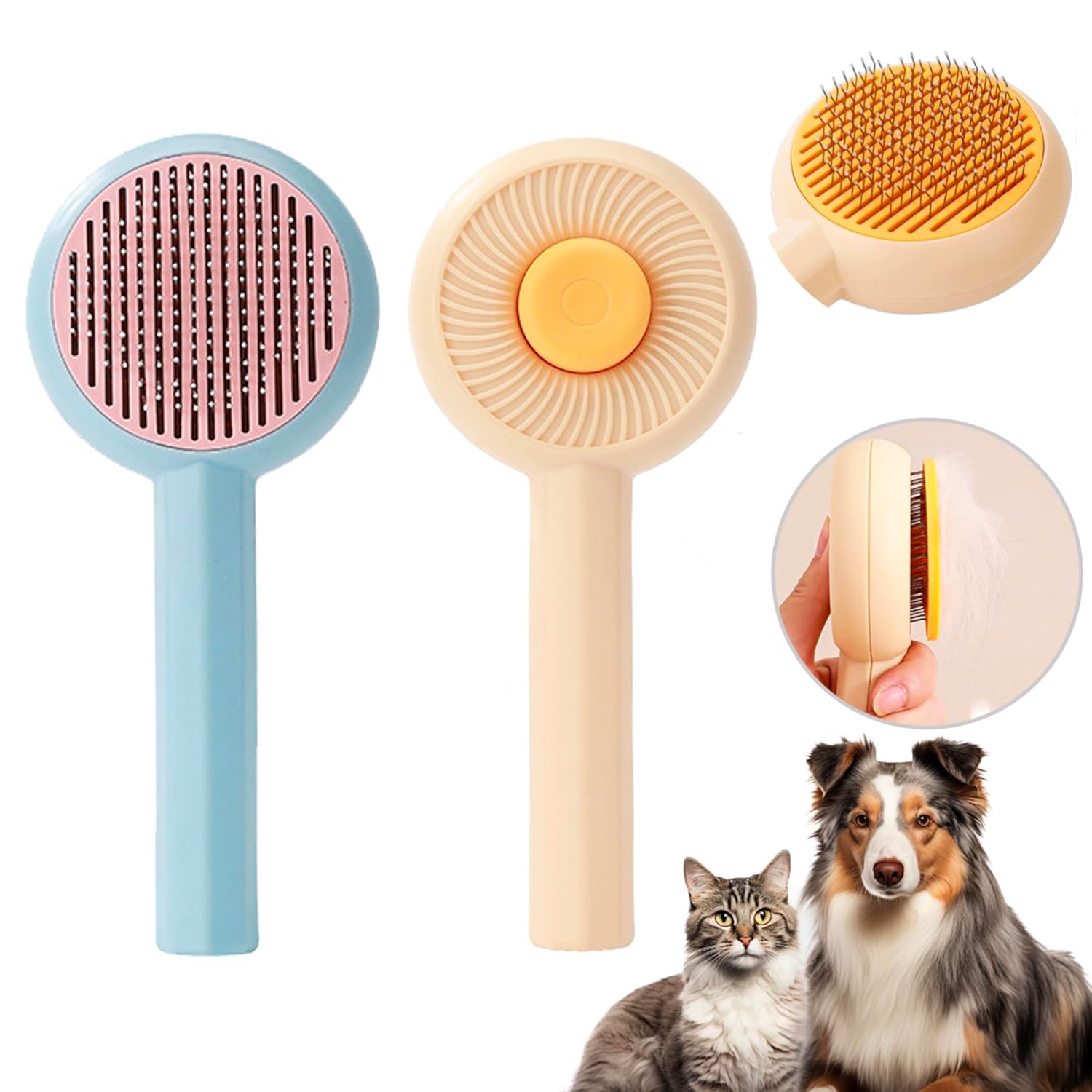 Tierpflegebürste mit selbstreinigendem Knopf; blaue und gelbe Bürstenköpfe