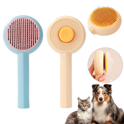 Tierpflegebürste mit selbstreinigendem Knopf; blaue und gelbe Bürstenköpfe