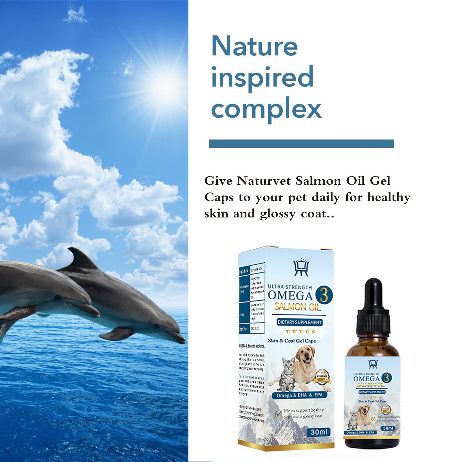Salmon Oil Pet Care Omega 3 bottle and 30ml box for skin and coat gel caps