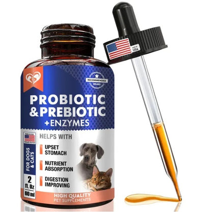Petcare Probiotic & Prebiotic + Enzymes liquid supplement bottle with dropper