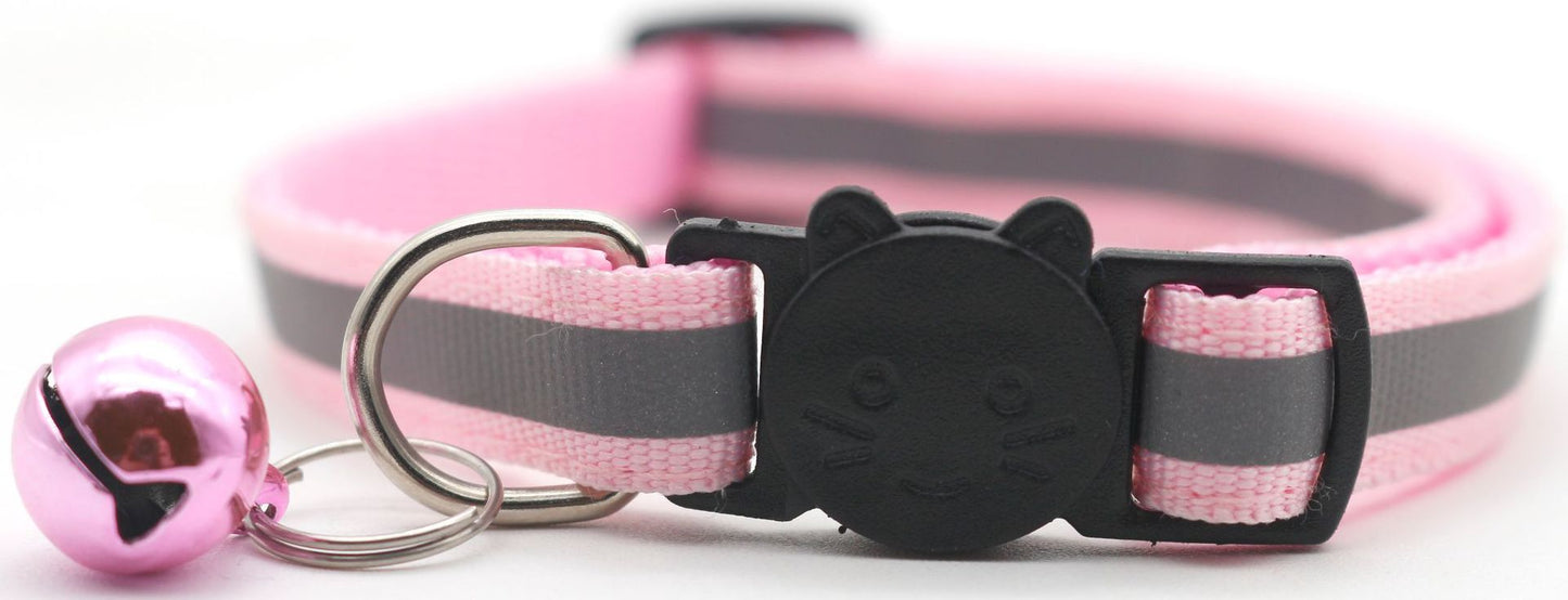 Pink reflective pet collar with detachable safety buckle and bell