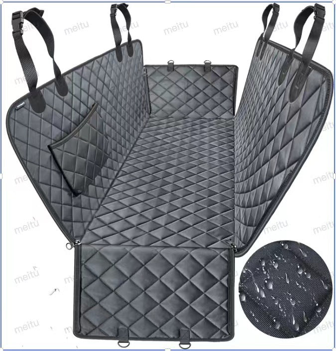 Quilted dark car pet hammock cushion with orange-trim pocket and water-drop grip circle