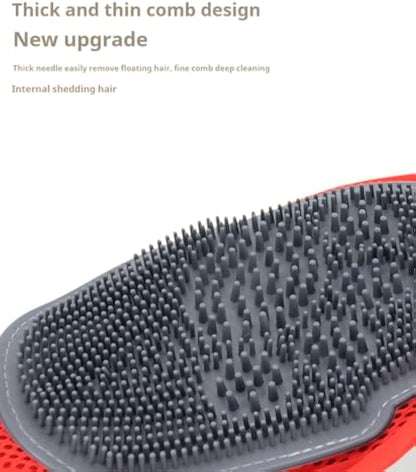 Red grooming glove close-up: gray rubber nubs combing and lifting pet hair