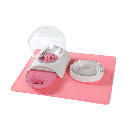 Pet feeding waterer set: pink tray with two bowls and dome water dispenser.