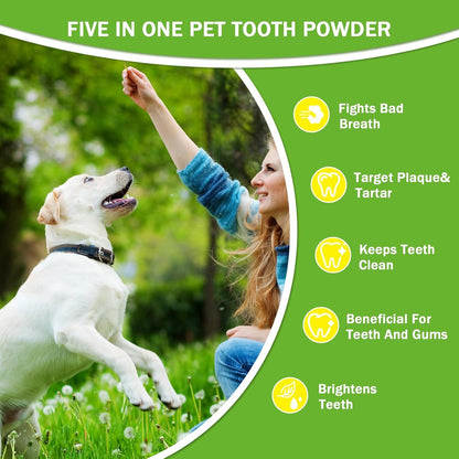 Pet Teeth cleaning powder for dogs, handler offers powder with 5-in-one benefits icons