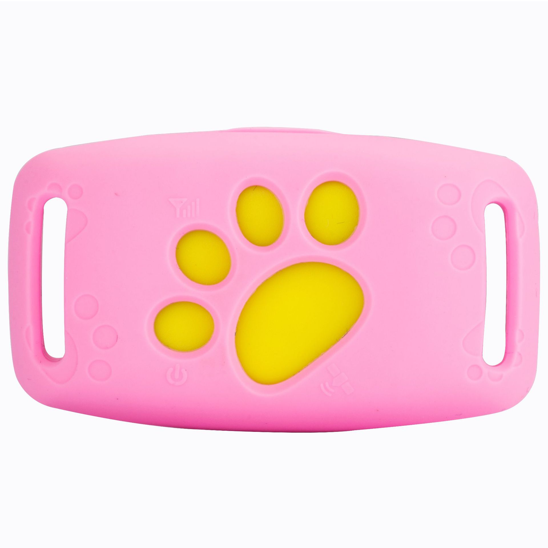 Pink waterproof GPS pet tracker case with yellow paw print design