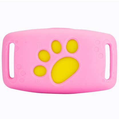 Pink waterproof GPS pet tracker case with yellow paw print design