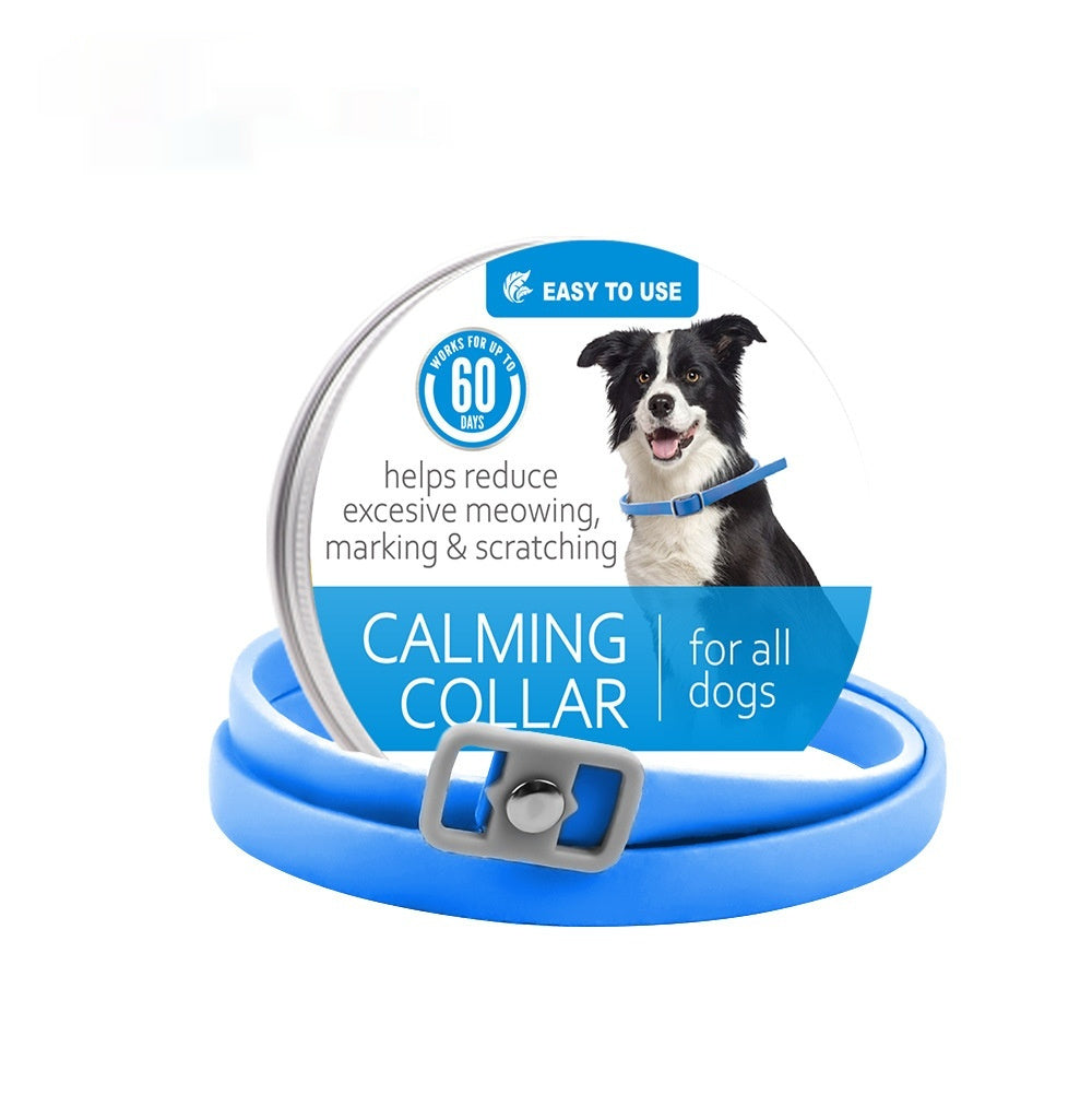 Blue calming collar with buckle, dog shown on packaging card
