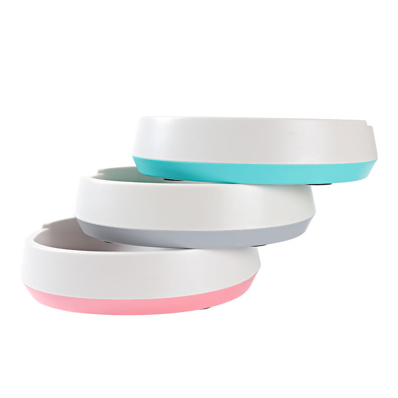 Pet feeding waterer set, stacked bases in white, teal, and pink colors