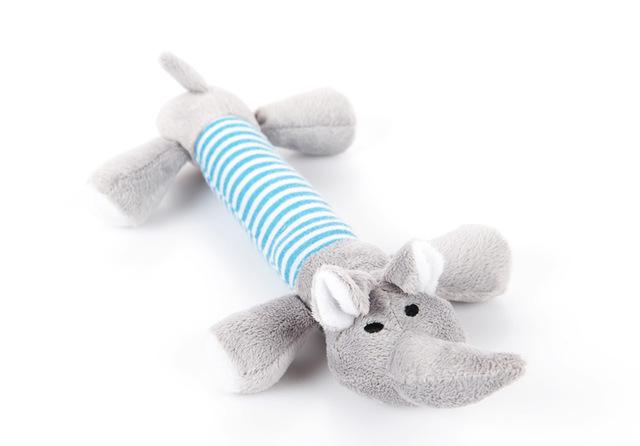 Funny dog squeak plush toy in blue-striped design with gray animal face and legs
