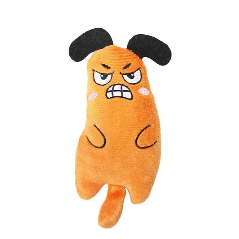 Orange cat plush with black ears and angry embroidered face.