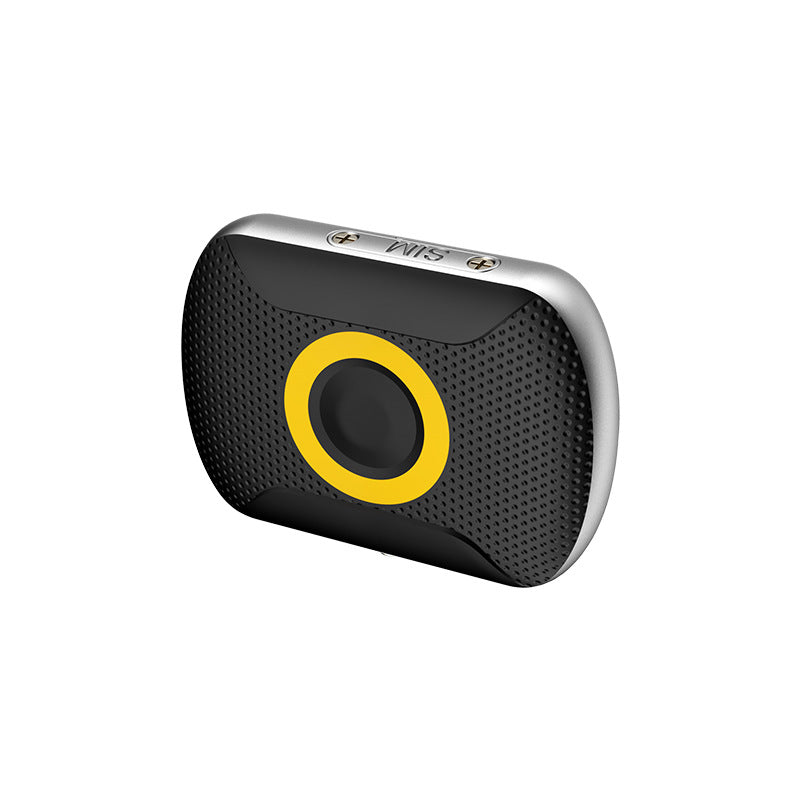 Schwarzer GPS-Tracker mit gelbem Ring, sichtbarer SIM/USB-Bereich