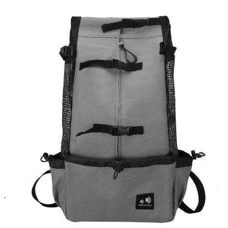 Light grey dog carrier backpack with black straps, mesh sides, and front pouch