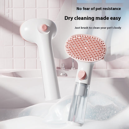 3-in-1 grooming brush with bristle cleaning head and waterless bottle, white/pink