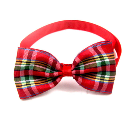 Red elastic neck strap with multicolor plaid bow tie (blue, yellow, green)