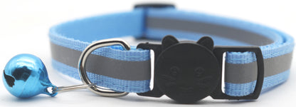 Light blue reflective pet collar with safety buckle and bell