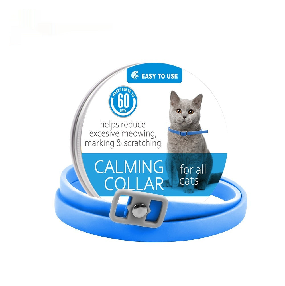 Blue calming collar with buckle, cat shown on packaging card