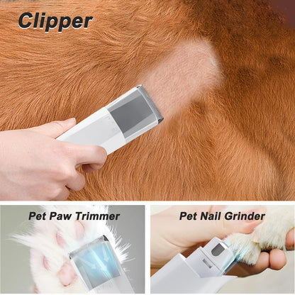 Handtrimmer mit Scherkopf am braunen Fell, weißer Staubsaugaufsatz