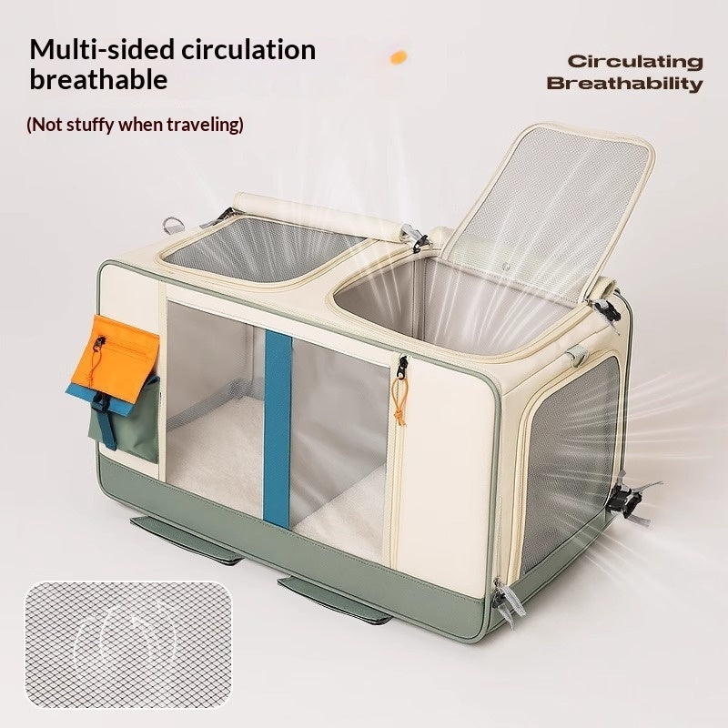Light green rolling pet carrier with zip-open mesh panels and top ventilation